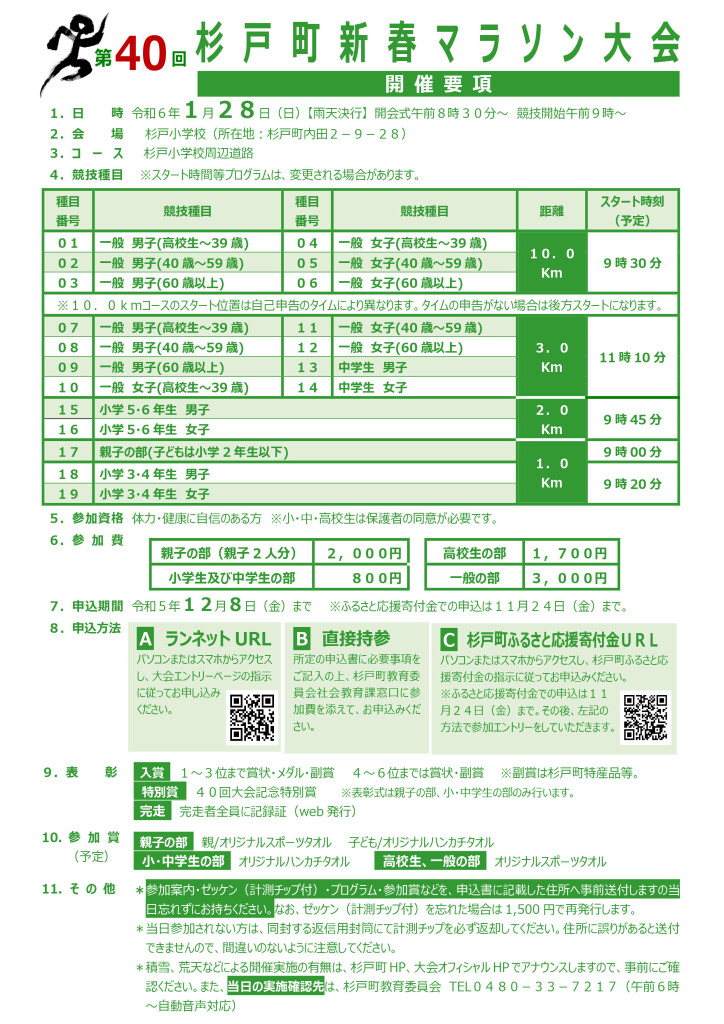 2024年1月28日（日）第40回杉戸町新春マラソン大会